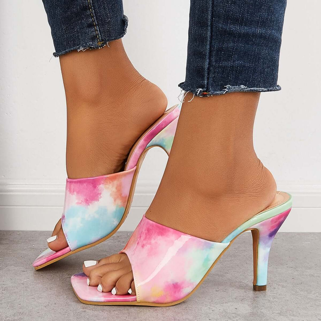 Multicolor Square Toe Mule Sandals Slip on Kitten Heel Slippers