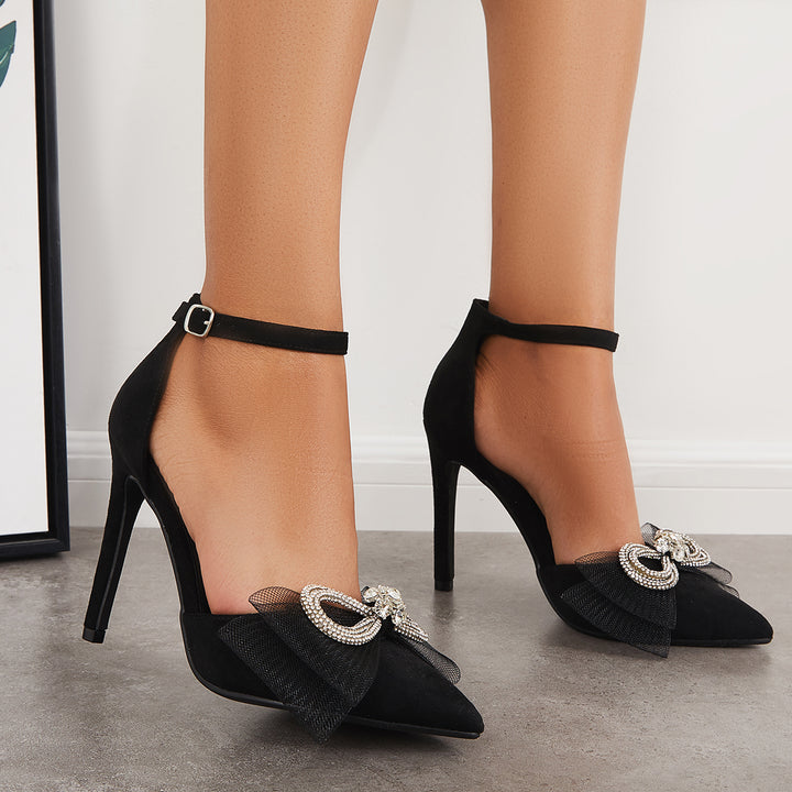 Shiny Bowknot Ankle Strap Pumps Pointy Stilettos High Heel Shoes