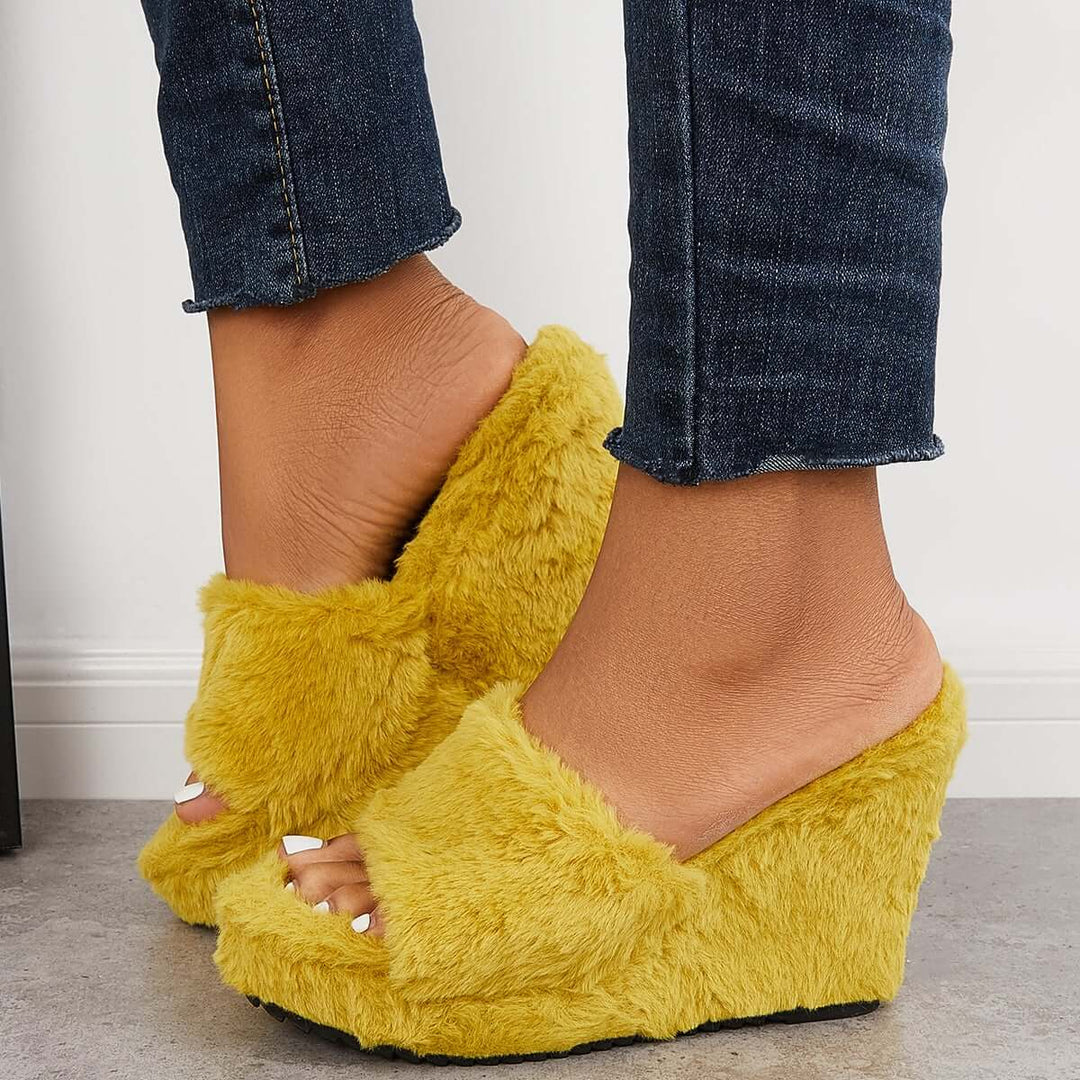 Faux Fur Wedge Slippers Furry Platform High Heel Slide Shoes