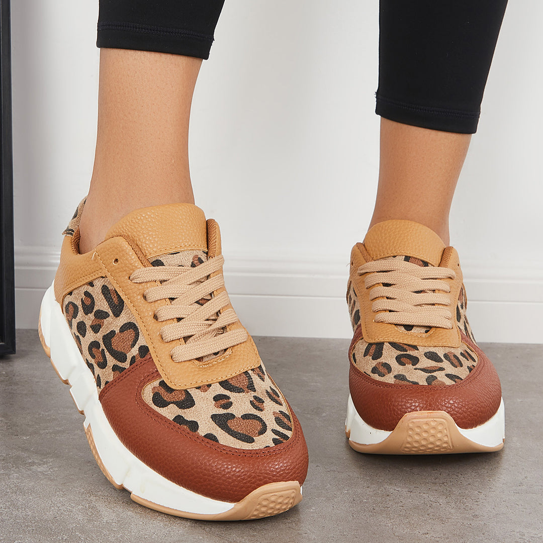 Leopard Lace Up Sneakers Non Slip Running Shoes