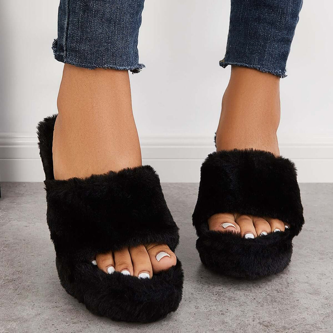 Faux Fur Wedge Slippers Furry Platform High Heel Slide Shoes