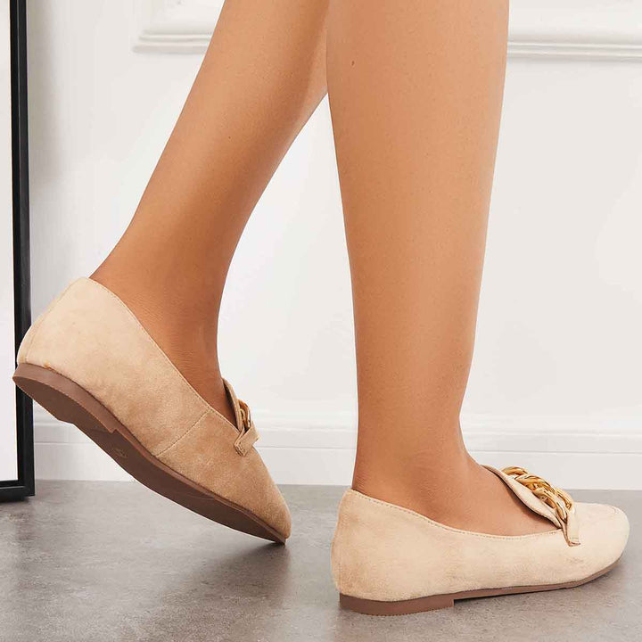 Pointed Toe Penny Loafers Chain Decor Slip on Flats Shoes