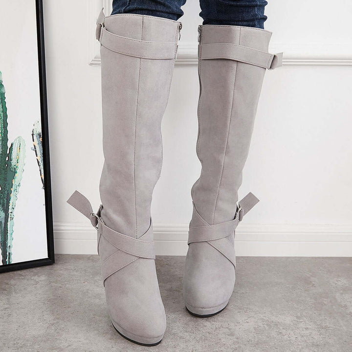 Wide Calf Knee High Buckle Boots Chunky Heel Riding Boots