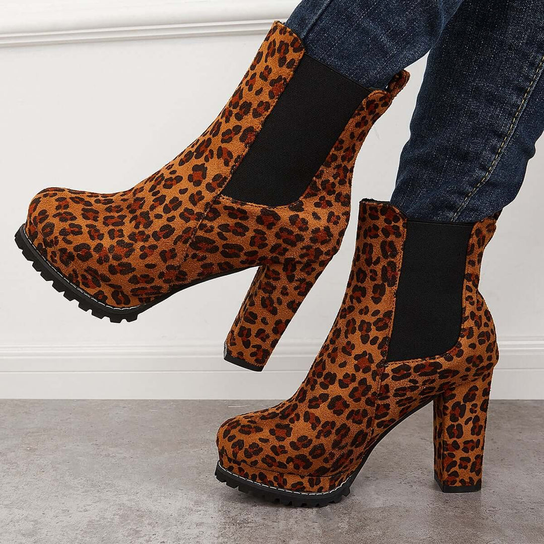 Suede Chunky Platform Heel Ankle Boots Slip-on Chelsea Booties