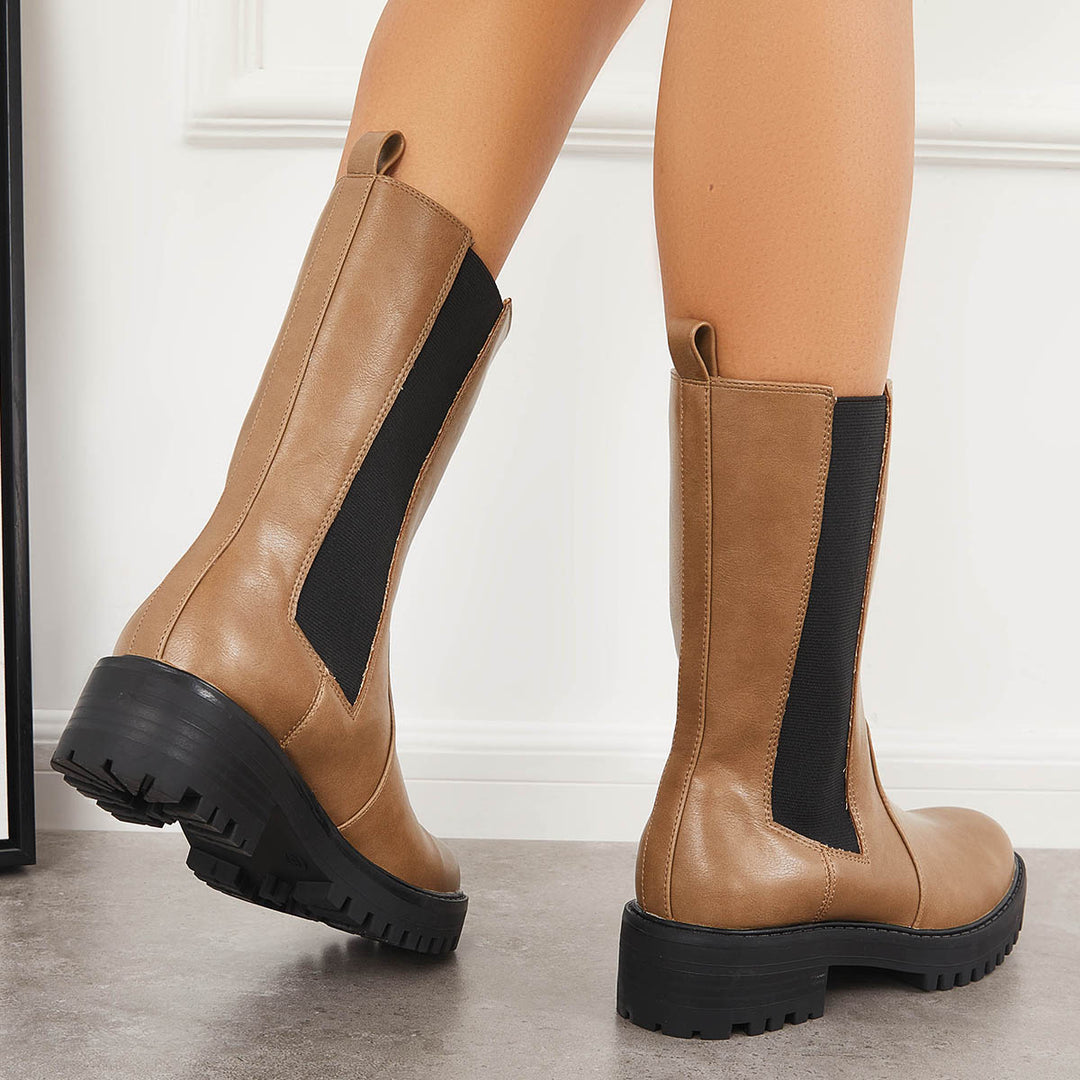 Cleated Platform Lug Sole Mid Calf Chelsea Block Heel Boots