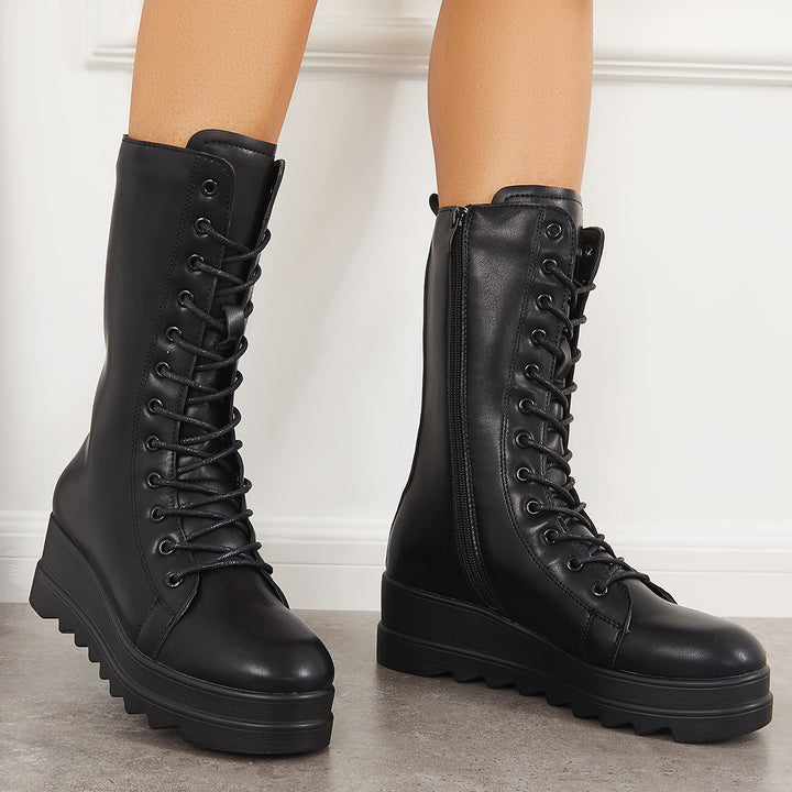 Black Lace Up Combat Boots Platform Chunky Heel Mid Calf Boots