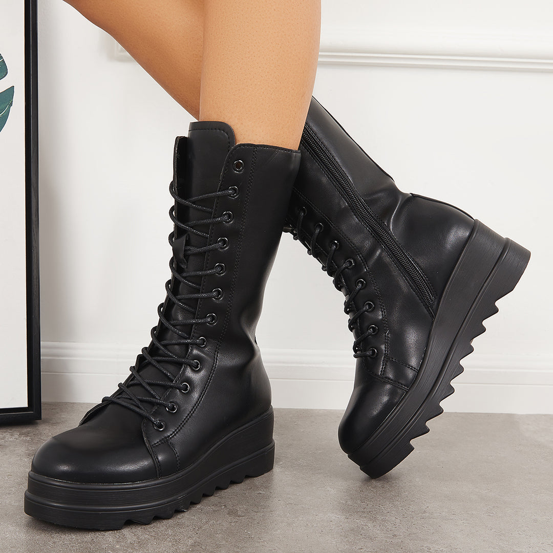Black Lace Up Combat Boots Platform Chunky Heel Mid Calf Boots