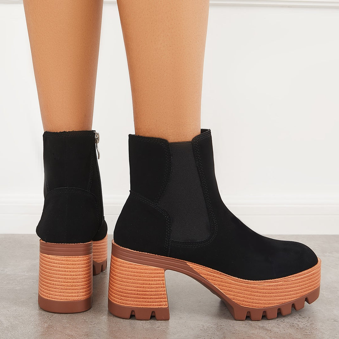 Platform Chunky Heel Chelsea Ankle Boots Elastic Lug Sole Booties
