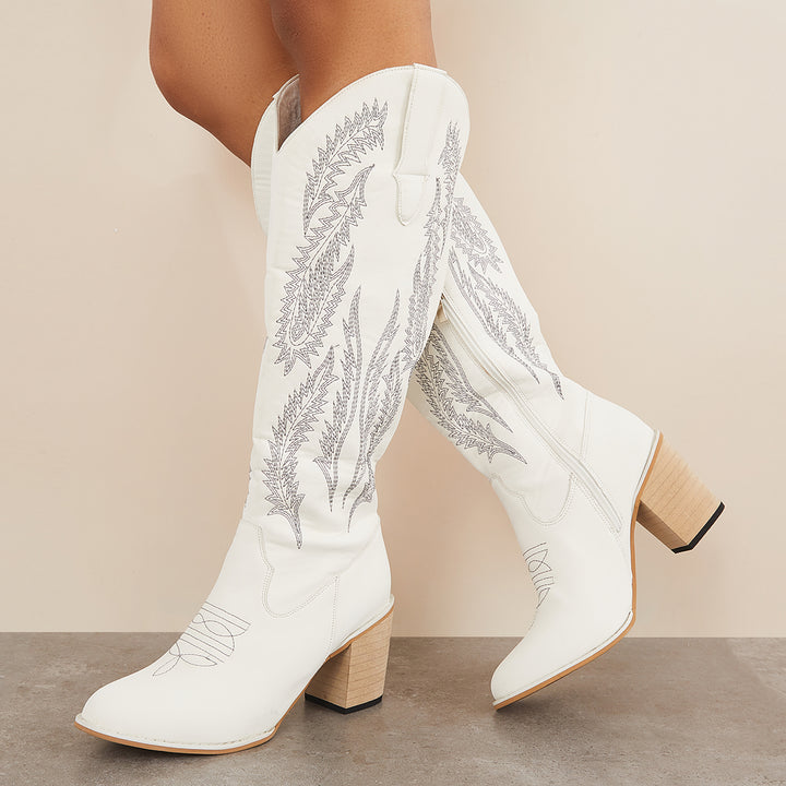 Embroidered Western Cowboy Boots Chunky Heel Knee High Riding Boots