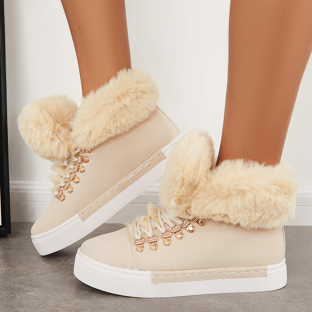 Platform Lace Up Warm Fur Lined Sneakers Flat Ankle Boots
