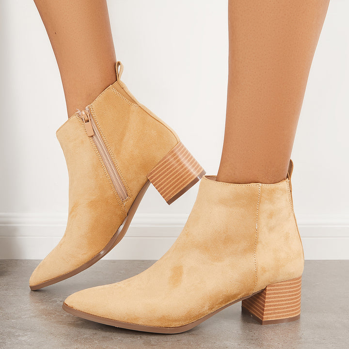Pointed Toe Ankle Boots Chunky Heel Side Zipper Booties