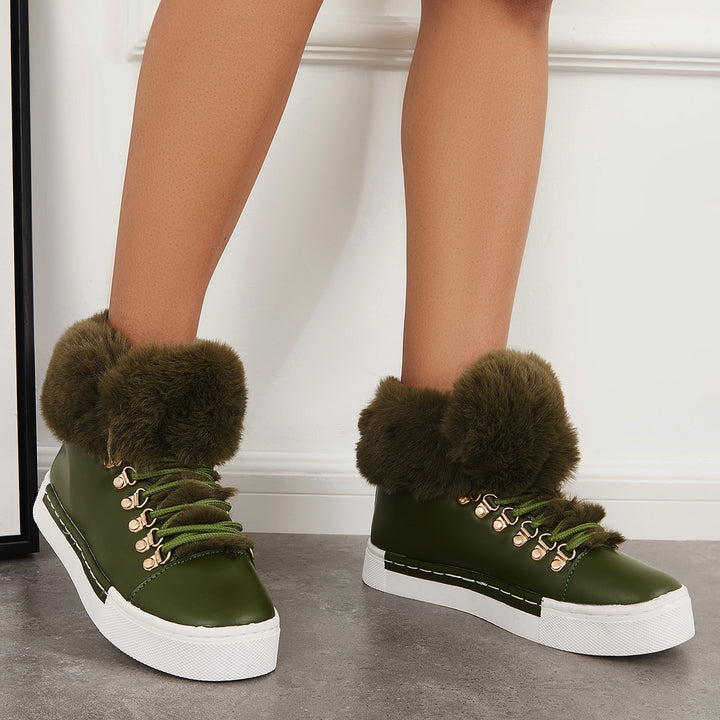 Platform Lace Up Warm Fur Lined Sneakers Flat Ankle Boots