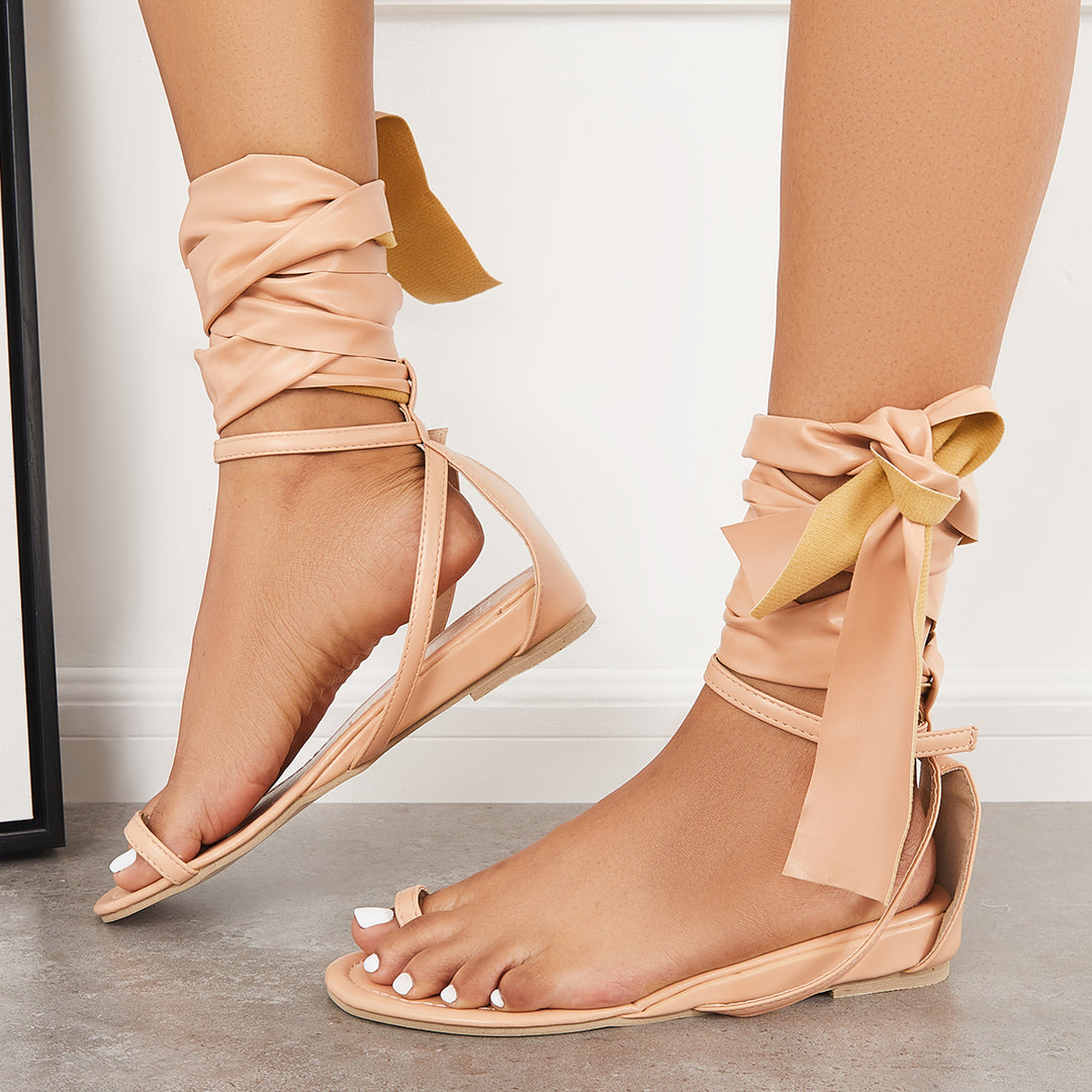 Toe Ring Flat Ankle Strap Sandals Lace Up Beach Shoes