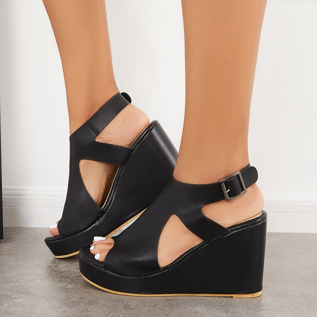 Black Cutout Slingback Platform Wedge Heels Ankle Strap Sandals