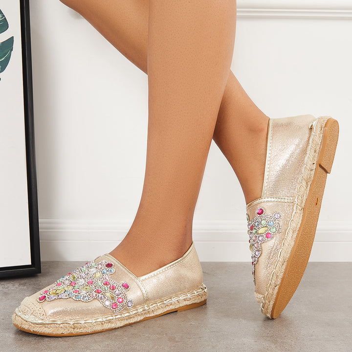 Rhinestone Decor Low Top Slip on Loafers Flat Walking Shoes