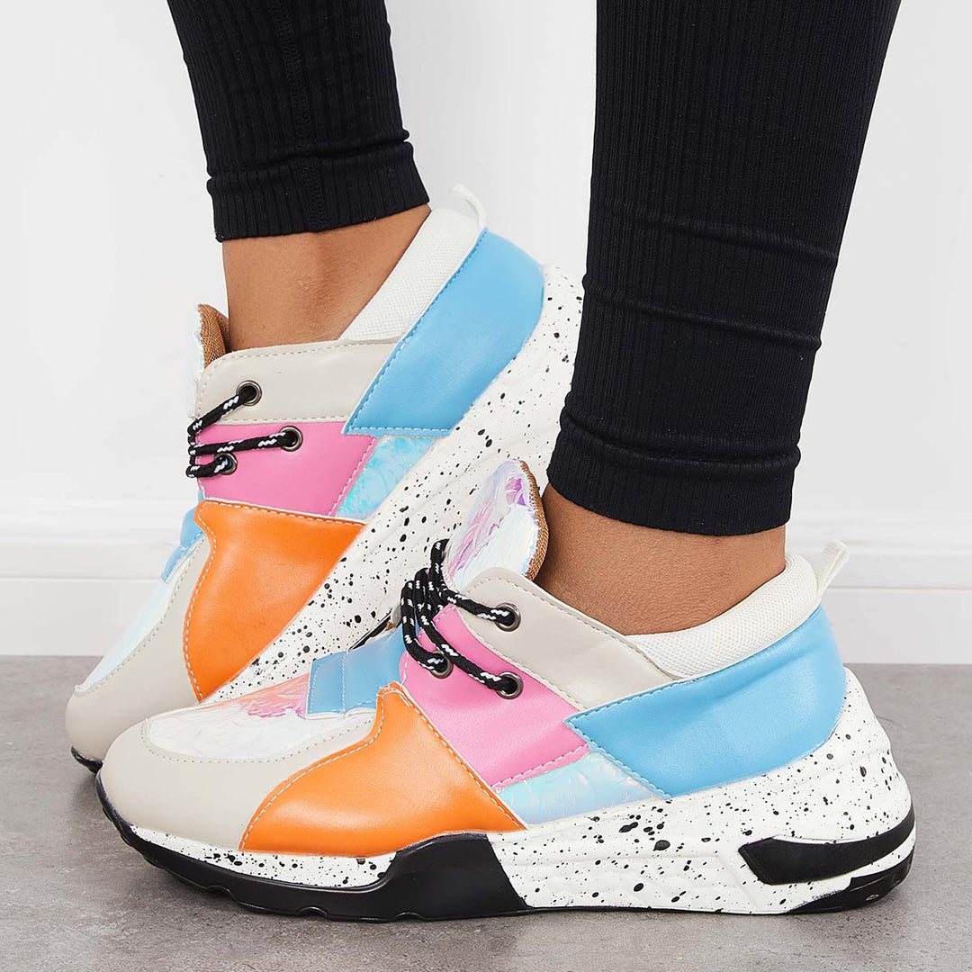 Casual Lace Up Front Cliff Sneakers Colorblock Cosy Chunky Shoes