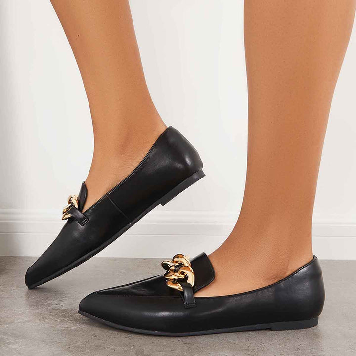 Pointed Toe Penny Loafers Chain Decor Slip on Flats Shoes