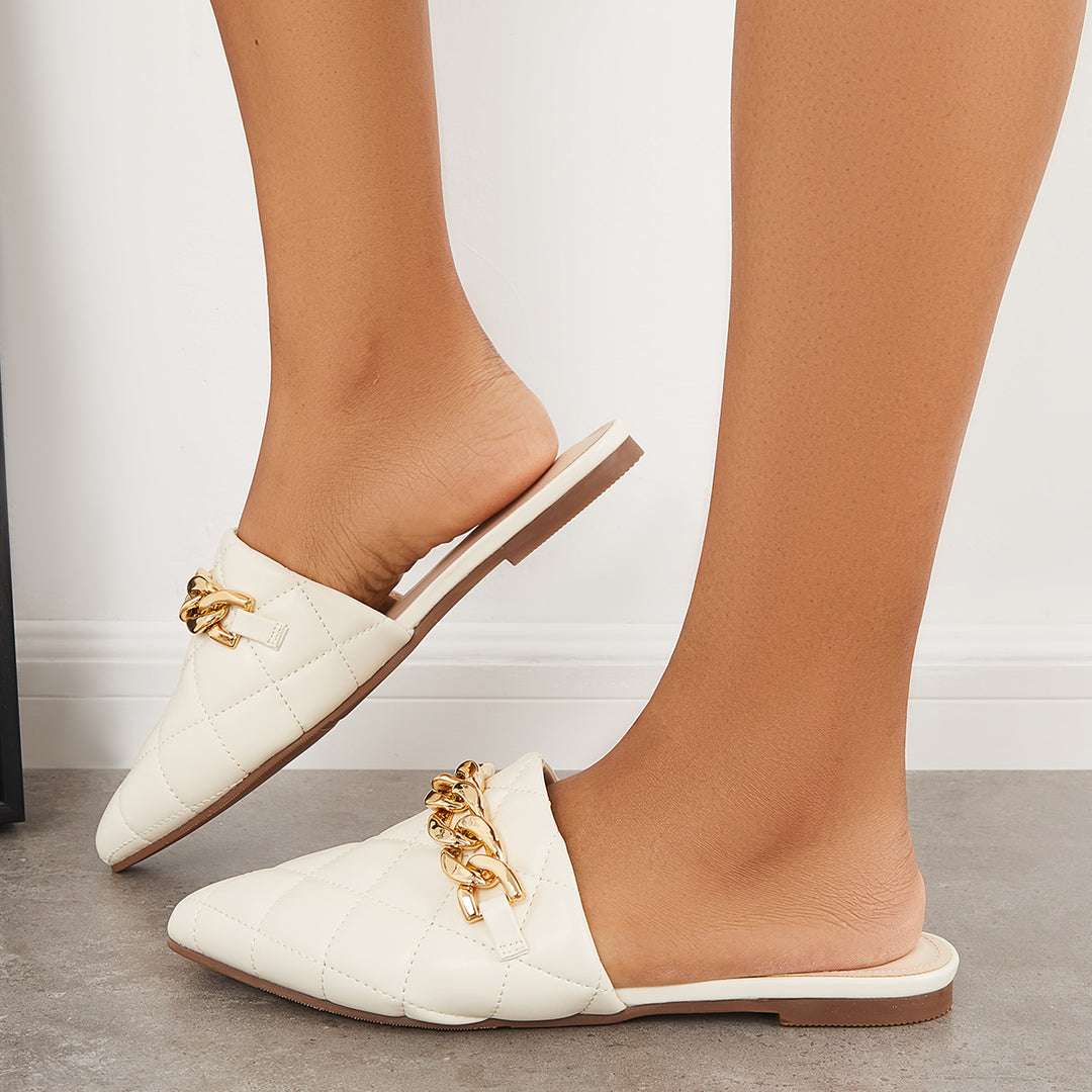 Pointed Toe Chain Flat Mules Slip on Backless Loafers