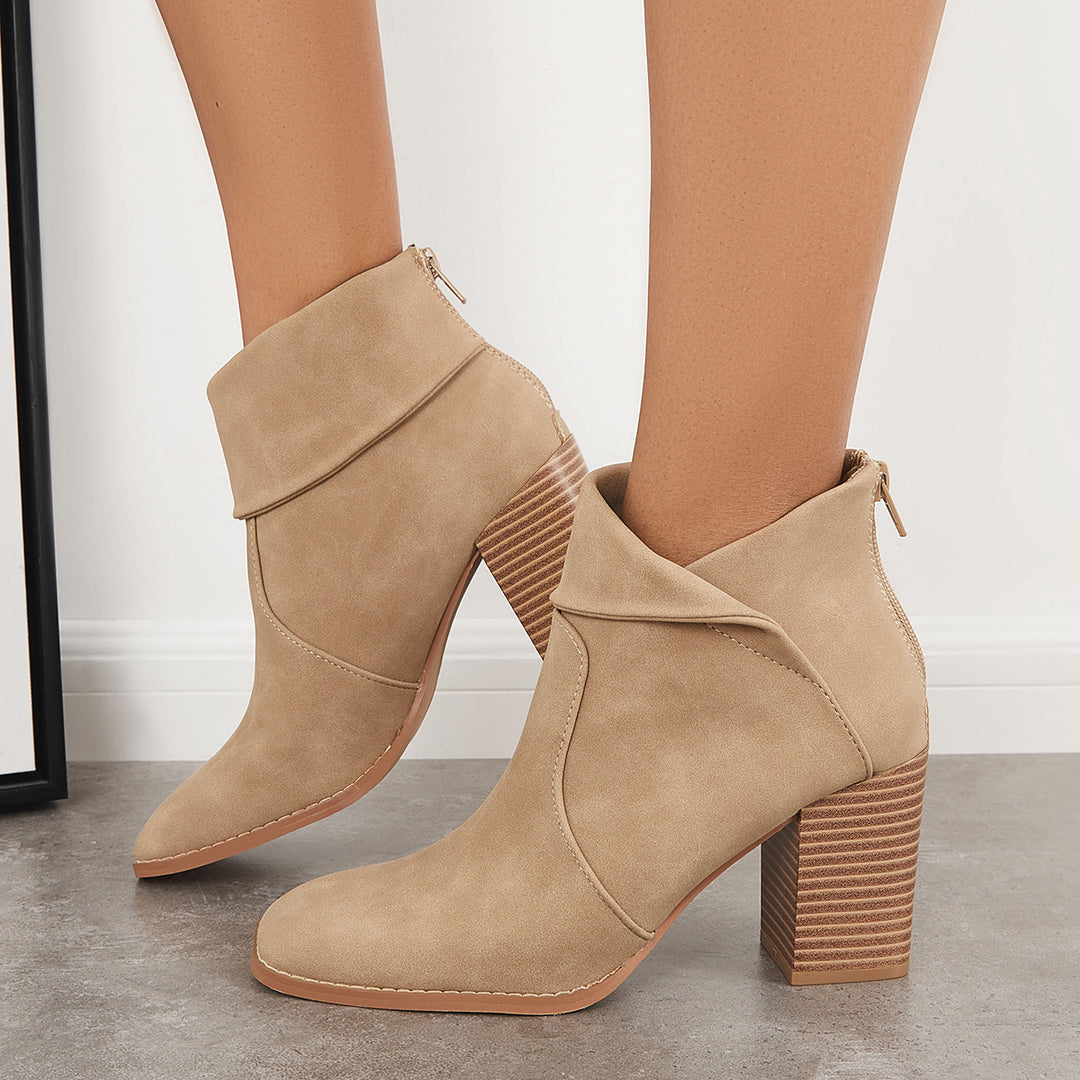 Cutout Square Toe Anke Boots Chunky Stacked Heel Booties
