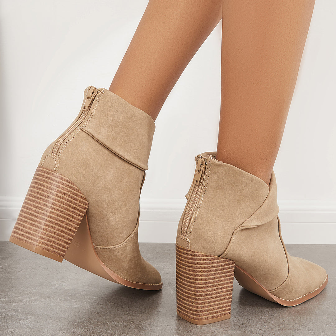 Cutout Square Toe Anke Boots Chunky Stacked Heel Booties