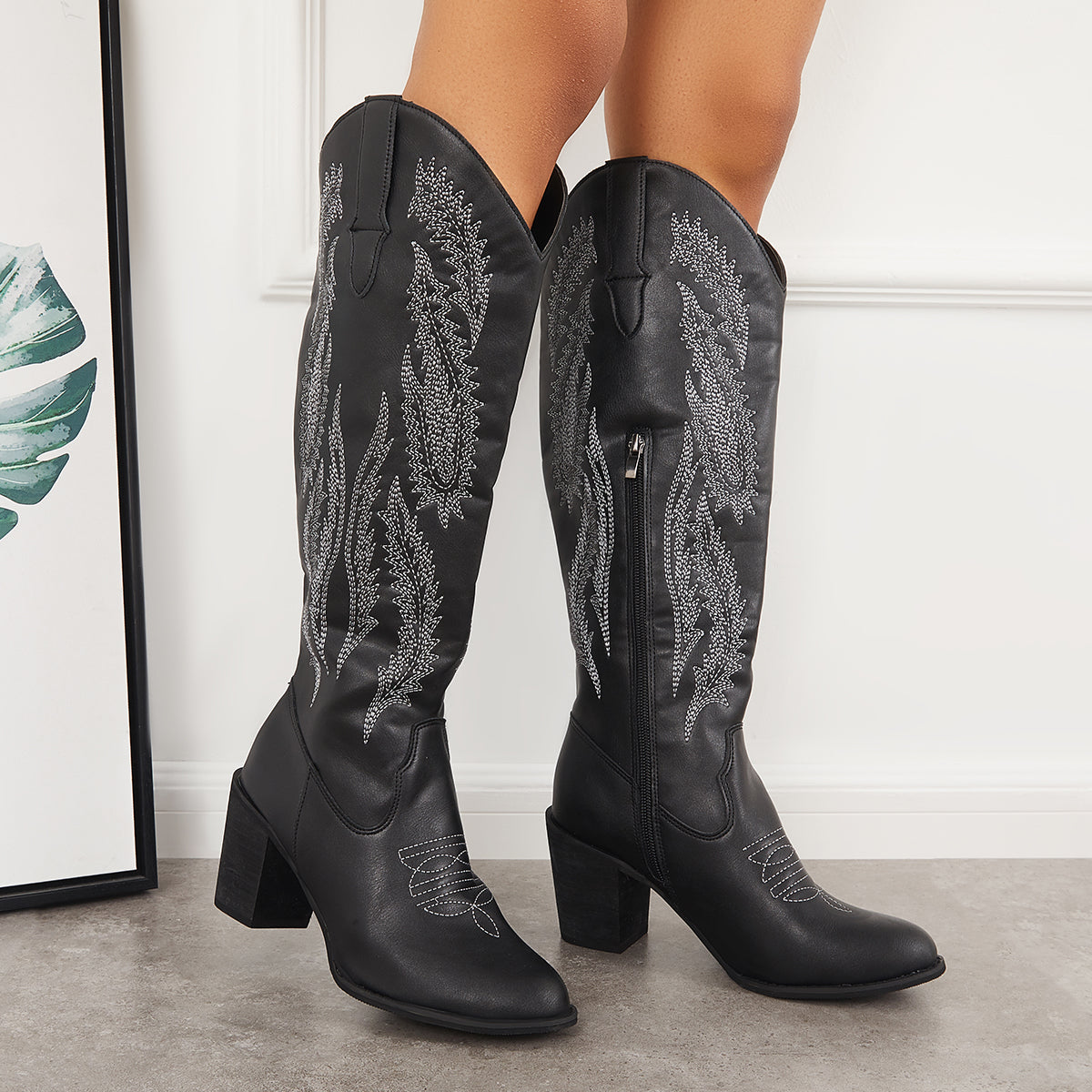Embroidered Western Cowboy Boots Chunky Heel Knee High Riding Boots ...