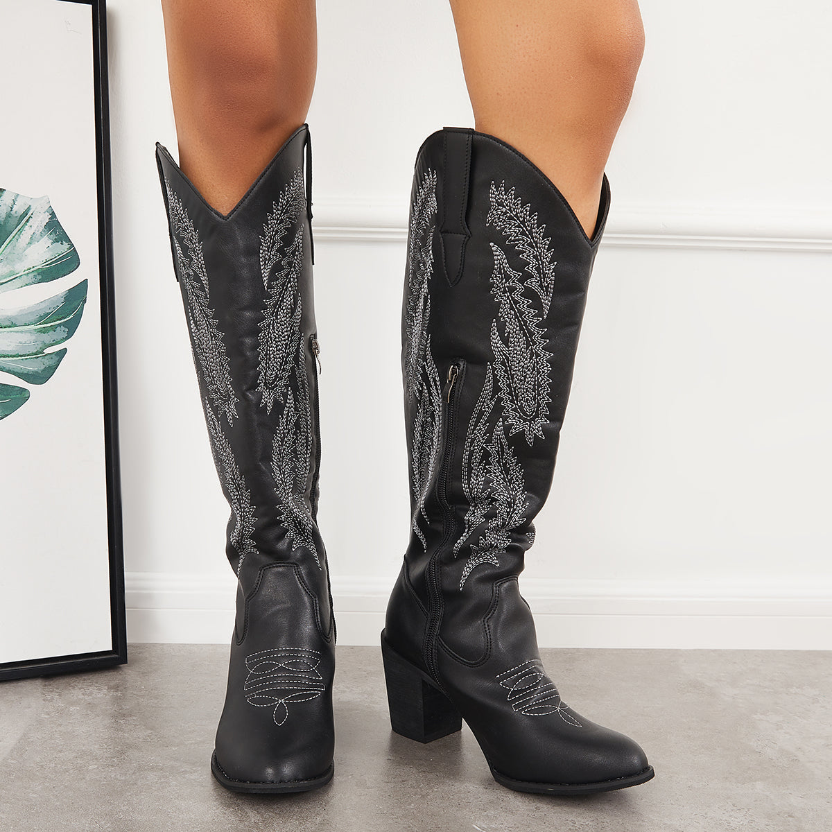 Embroidered Western Cowboy Boots Chunky Heel Knee High Riding Boots ...