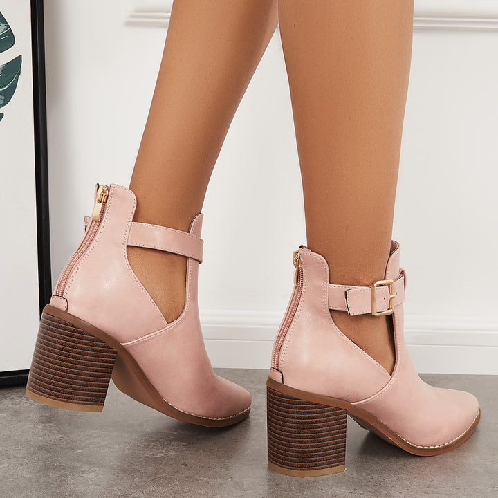 Cutout Chunky Stacked Heel Ankle Boots Buckle Straps Western Booties