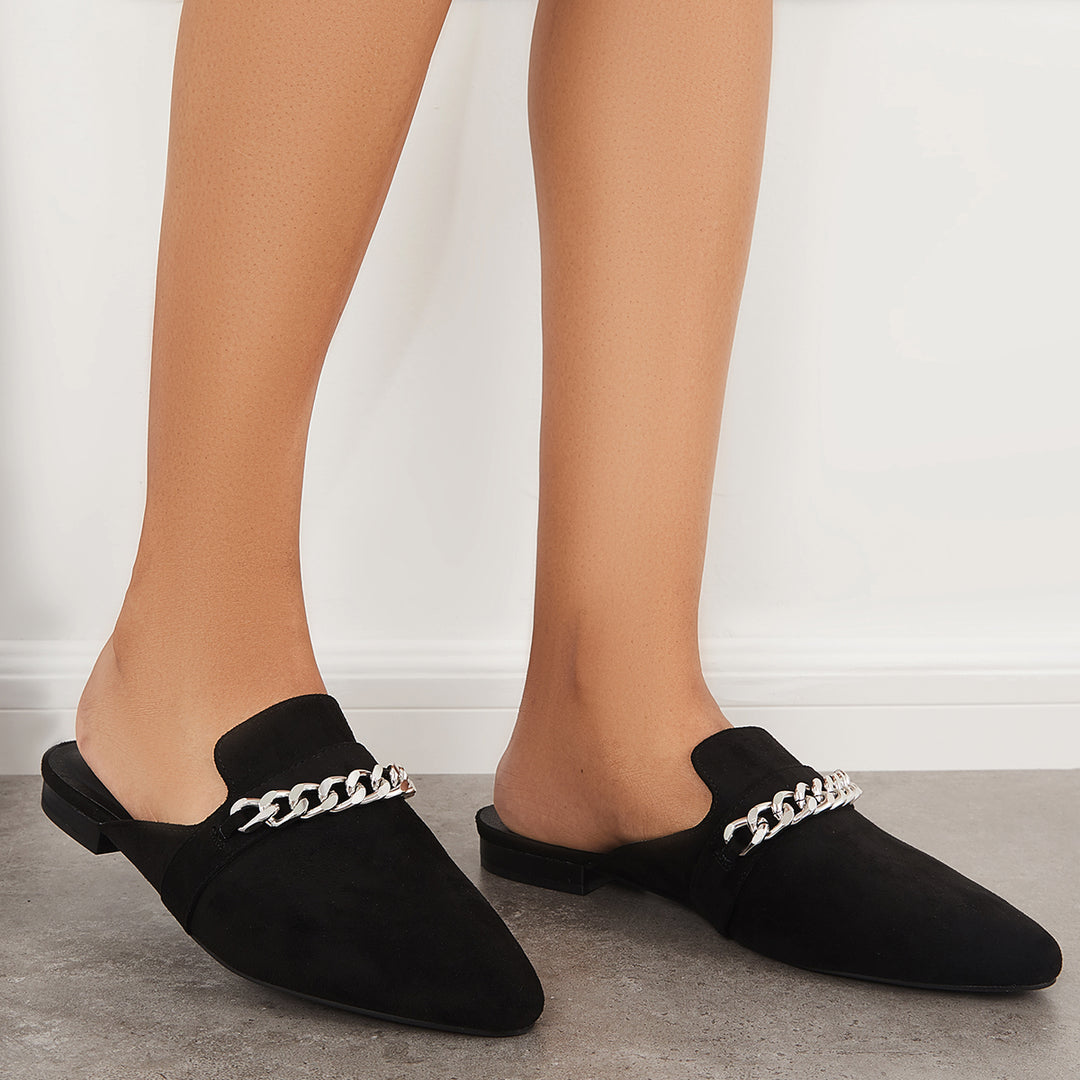 Chain Flat Mules Pointed Toe Slip on Backless Loafer Shoes