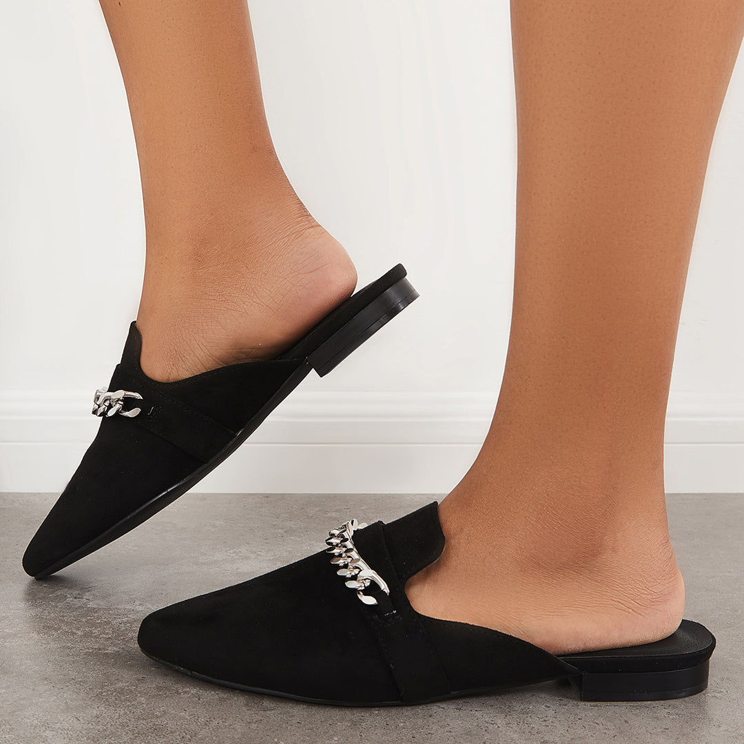 Chain Flat Mules Pointed Toe Slip on Backless Loafer Shoes