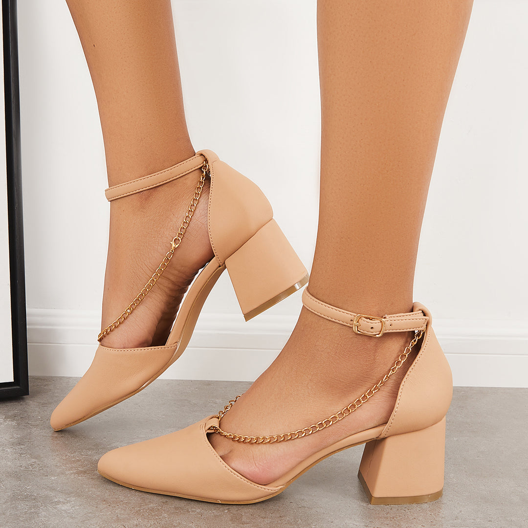 Chain Chunky Block Heel Pumps Pointed Toe Ankle Strap Sandals