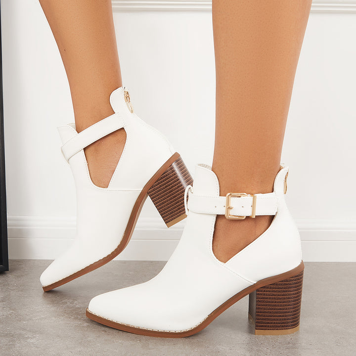 Cutout Chunky Stacked Heel Ankle Boots Buckle Straps Western Booties