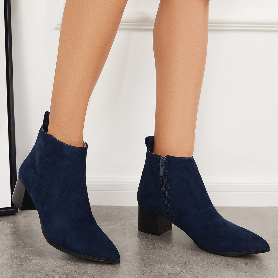 Pointed Toe Ankle Boots Chunky Heel Side Zipper Booties