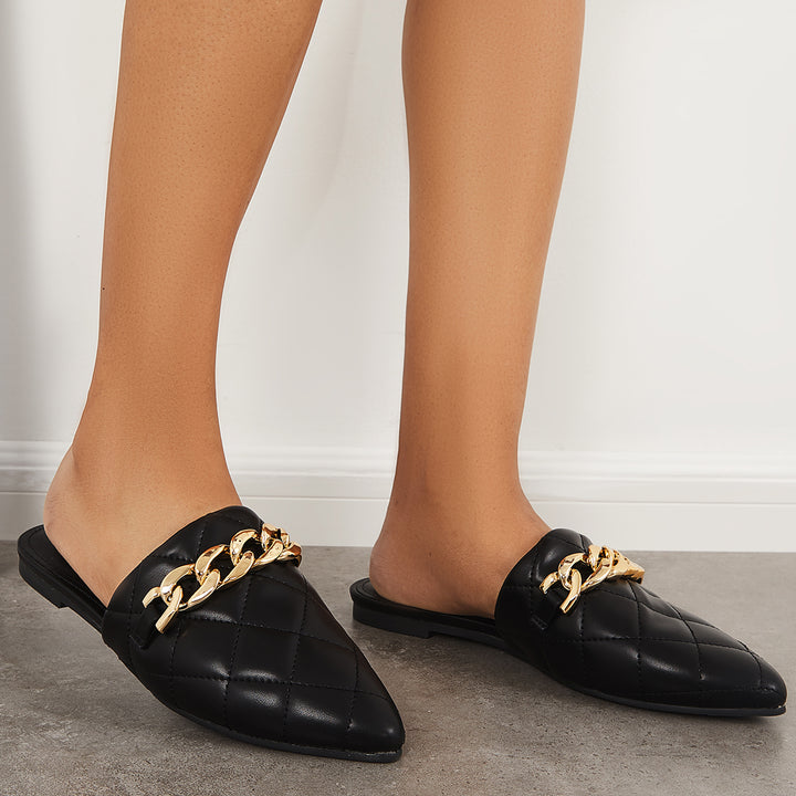 Pointed Toe Chain Flat Mules Slip on Backless Loafers