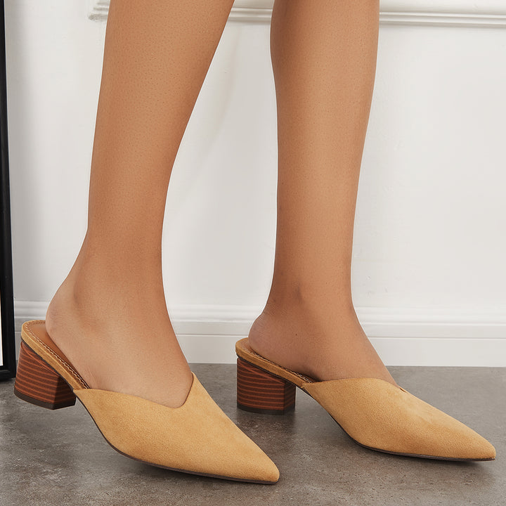 Pointed Toe Chunky Stacked Heel Mules Slip on Backless Shoes