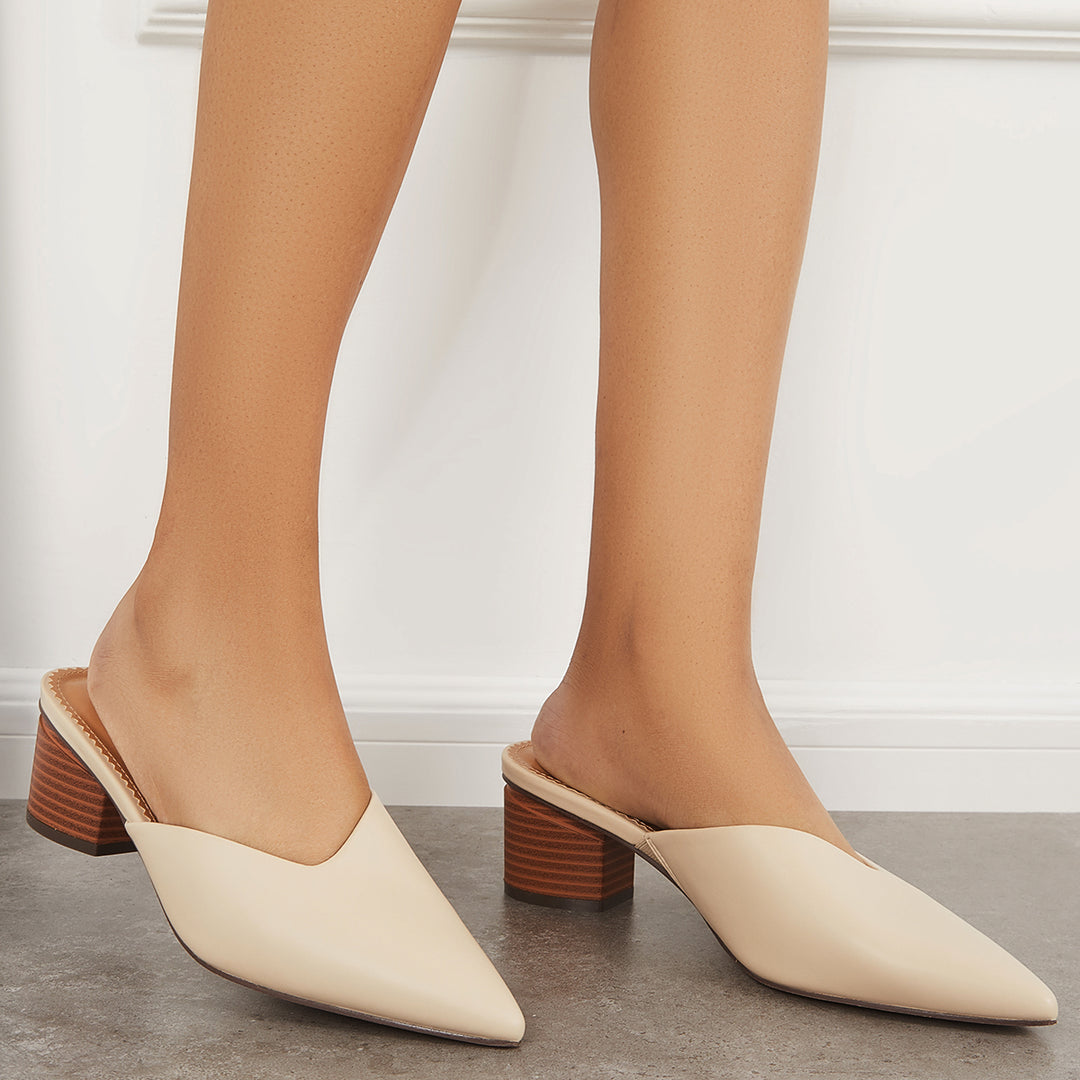 Pointed Toe Chunky Stacked Heel Mules Slip on Backless Shoes