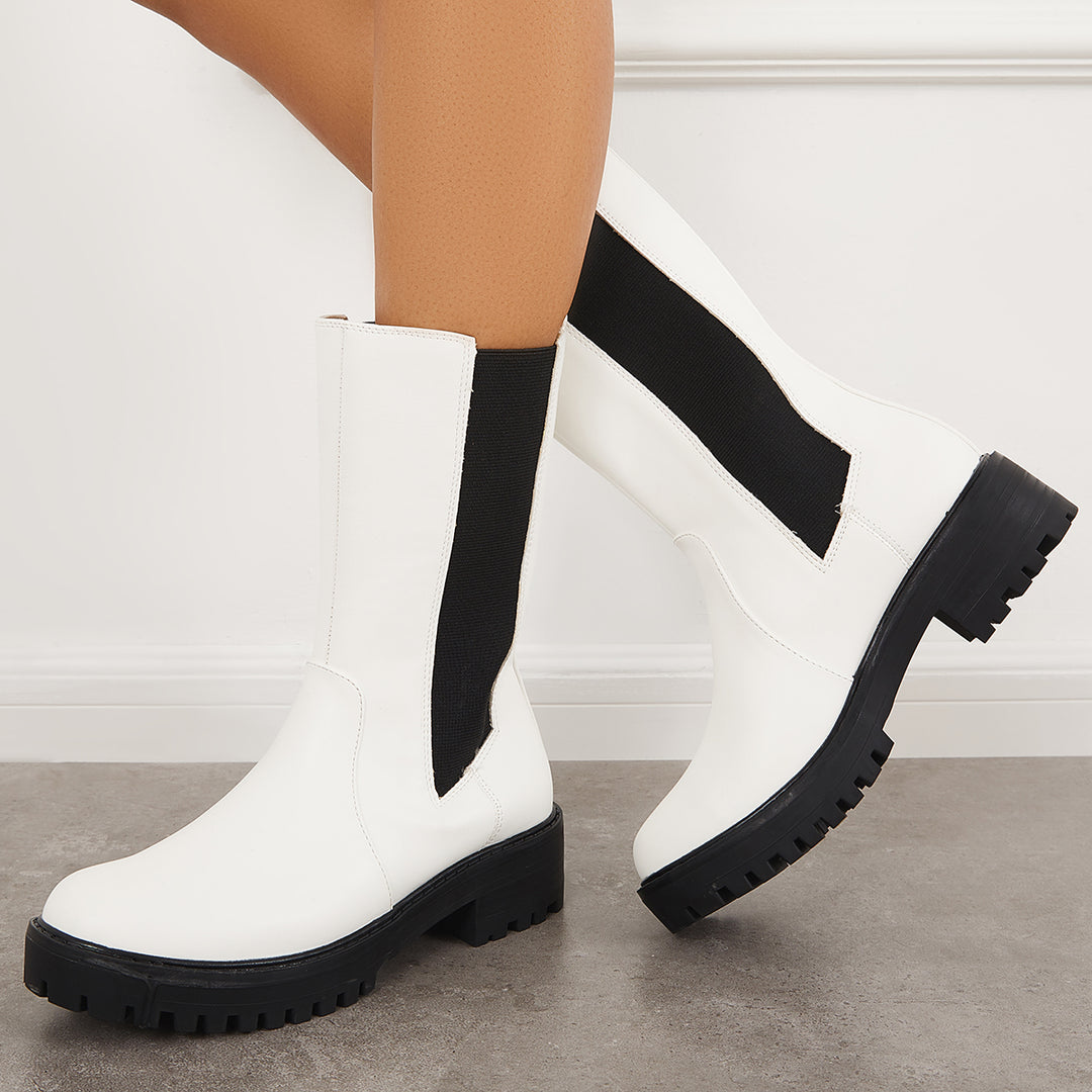 Cleated Platform Lug Sole Mid Calf Chelsea Block Heel Boots