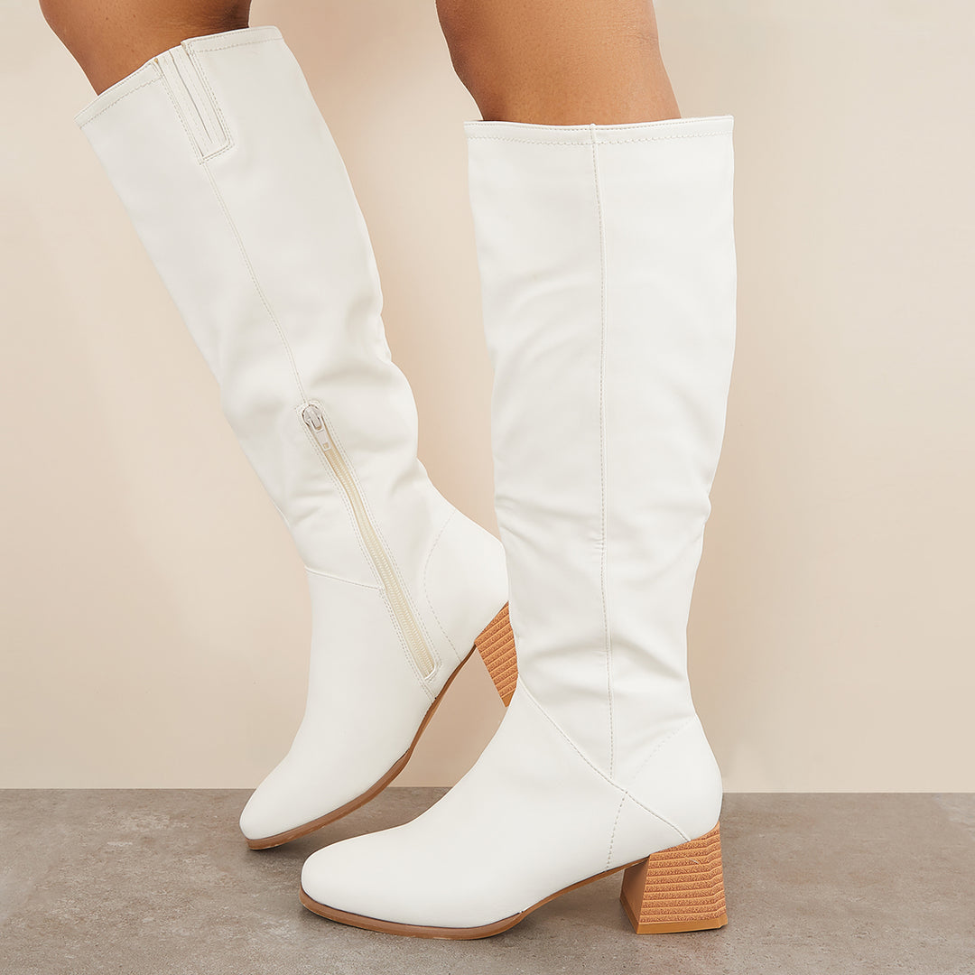 Round Toe Wide Calf Knee High Boots Chunky Heel Riding Boots