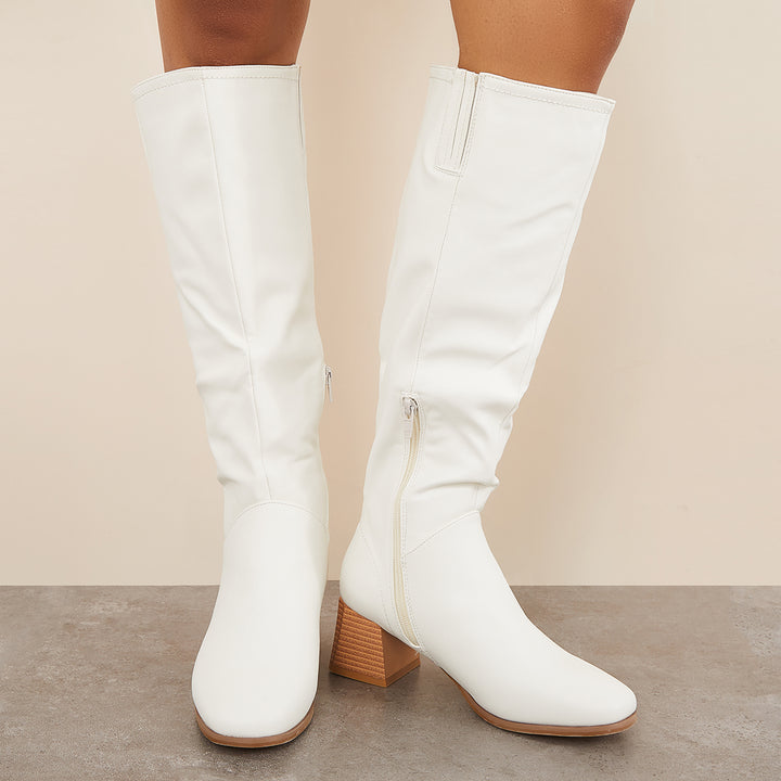 Round Toe Wide Calf Knee High Boots Chunky Heel Riding Boots