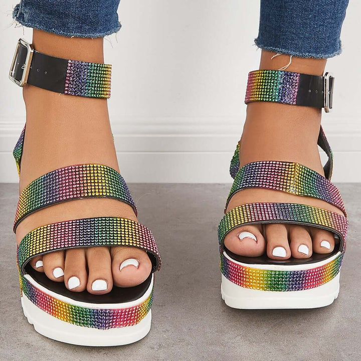 Glitter Platform Ankle Strap Sandals Thick Sole Shoes