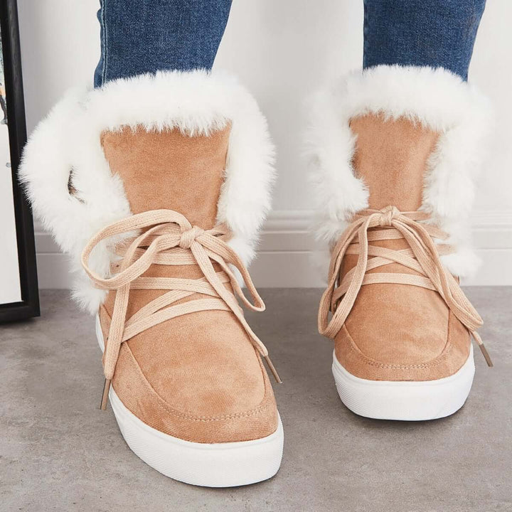 Warm Lace Up Hidden Wedge Boots Fur Lined Platform Ankle Booties