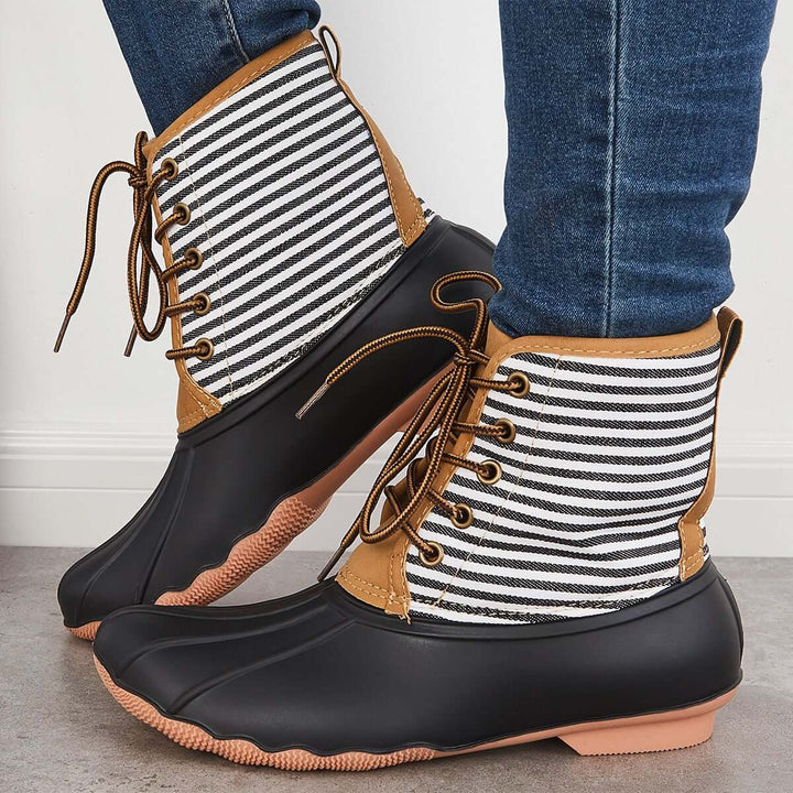 Winter Duck Booties Waterproof Lace Up Two Tone Ankle Rain Boots