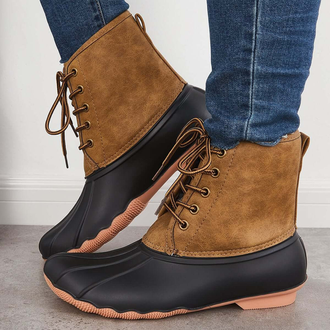 Winter Duck Booties Waterproof Lace Up Two Tone Ankle Rain Boots