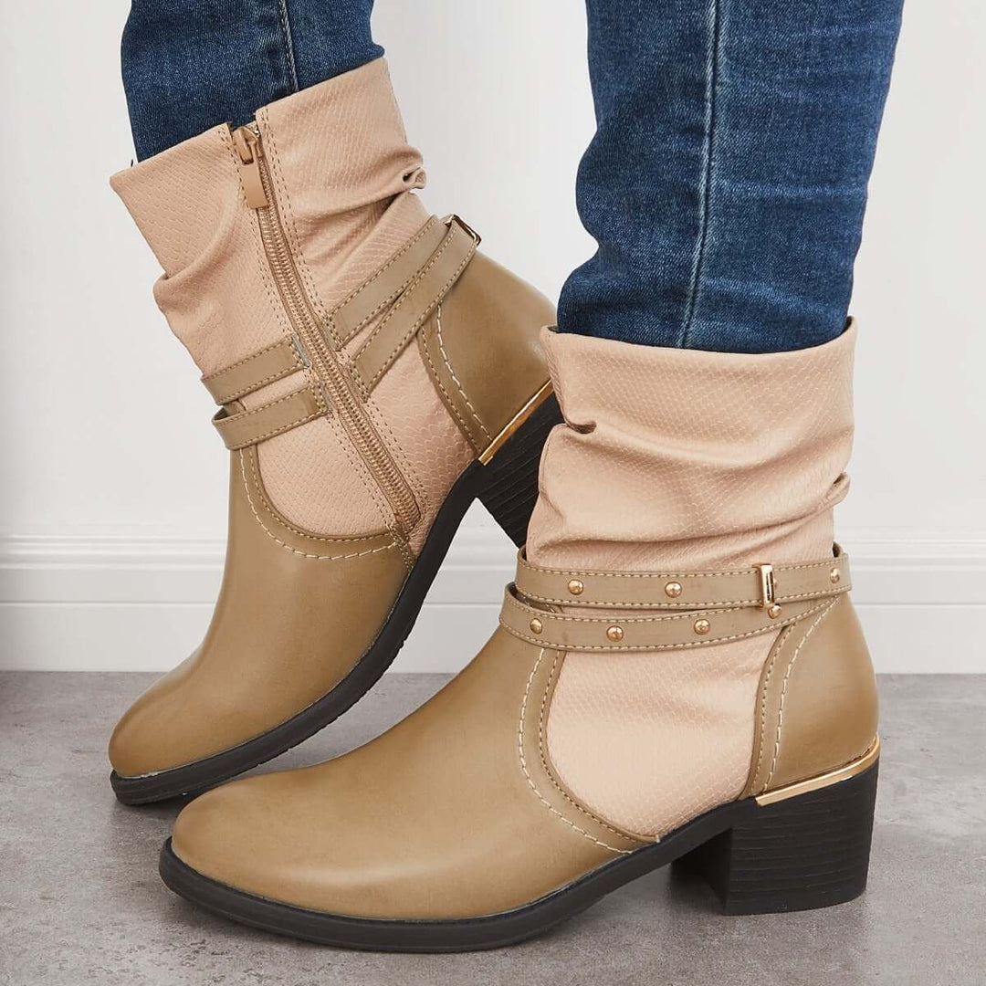 Retro Western Ankle Boots Chunky Low Heel Cowboy Booties