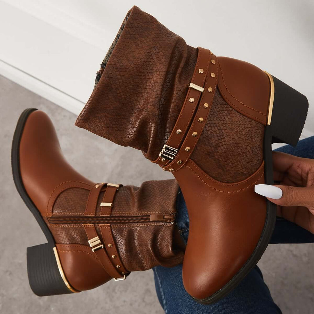 Retro Western Ankle Boots Chunky Low Heel Cowboy Booties