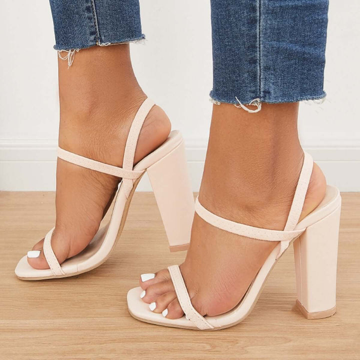 Square Toe Thick Heel Sandals Elastic Straps Chunky High Heels
