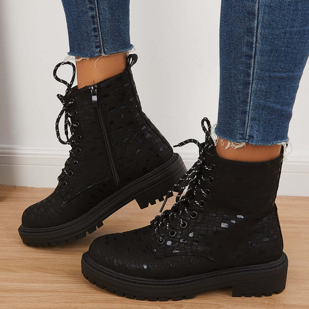 Lace Up Glitter Combat Boots Sequin Chunky Heel Ankle Booties