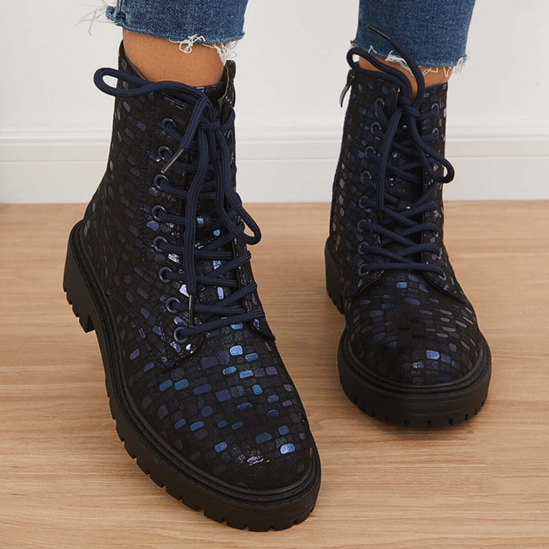 Lace Up Glitter Combat Boots Sequin Chunky Heel Ankle Booties