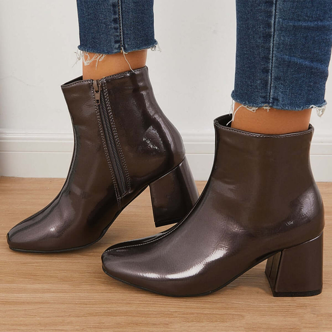 Patent Leather Block Heel Ankle Booties Square Toe Side Zipper Boots