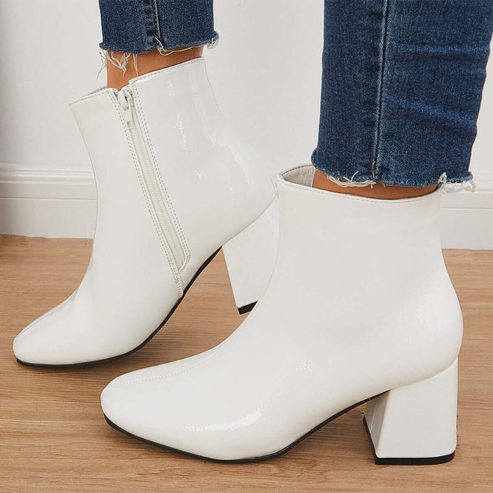 Patent Leather Block Heel Ankle Booties Square Toe Side Zipper Boots