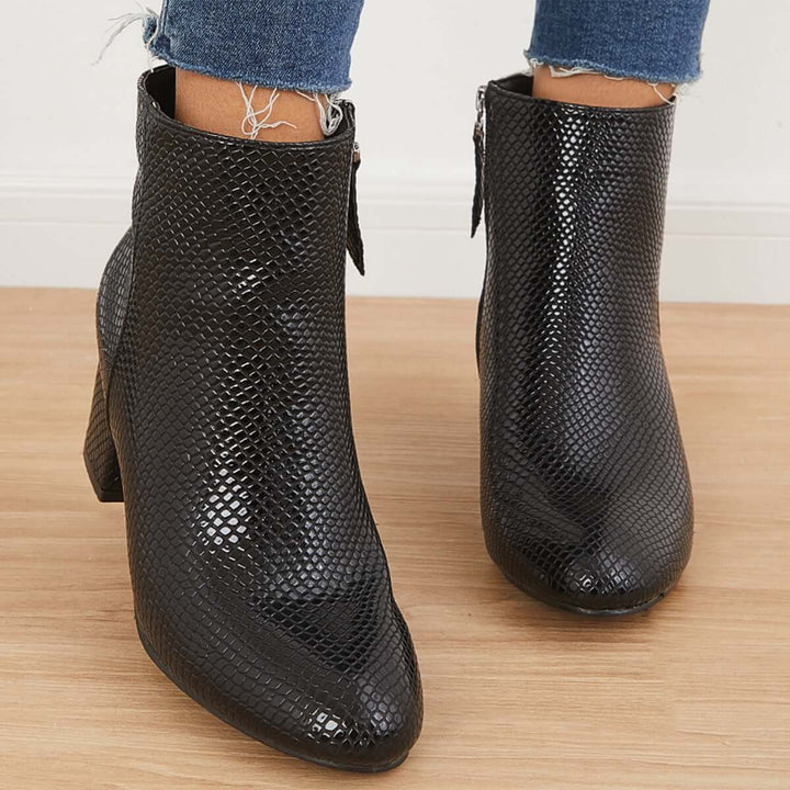 Chunky Block Mid Heel Ankle Boots Side Zipper Booties